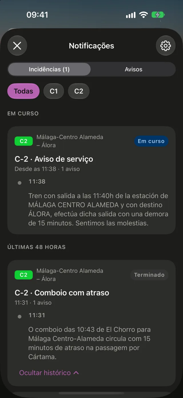 Incidências da Renfe no Rail: uma em curso e as das últimas 48 horas, cada uma com a sua linha, o seu estado e o histórico de avisos.