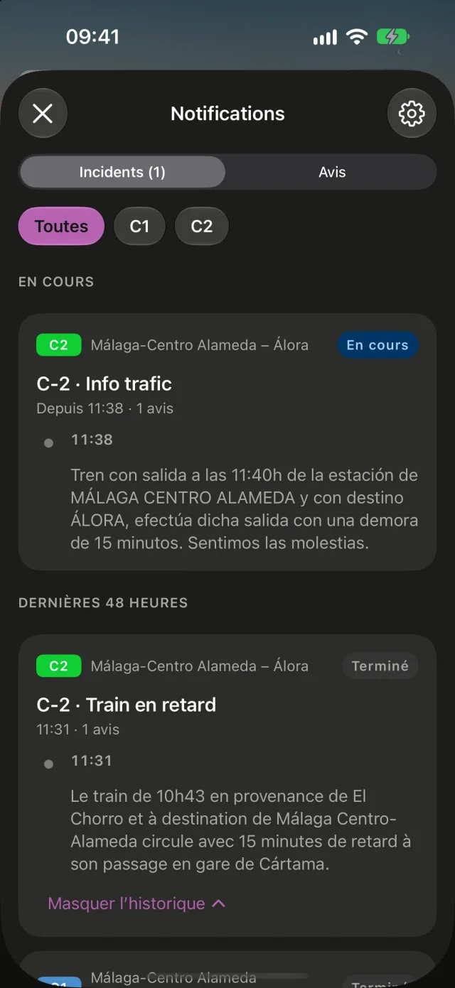 Incidents de Renfe dans Rail : un en cours et ceux des dernières 48 heures, chacun avec sa ligne, son état et l’historique de ses avis.