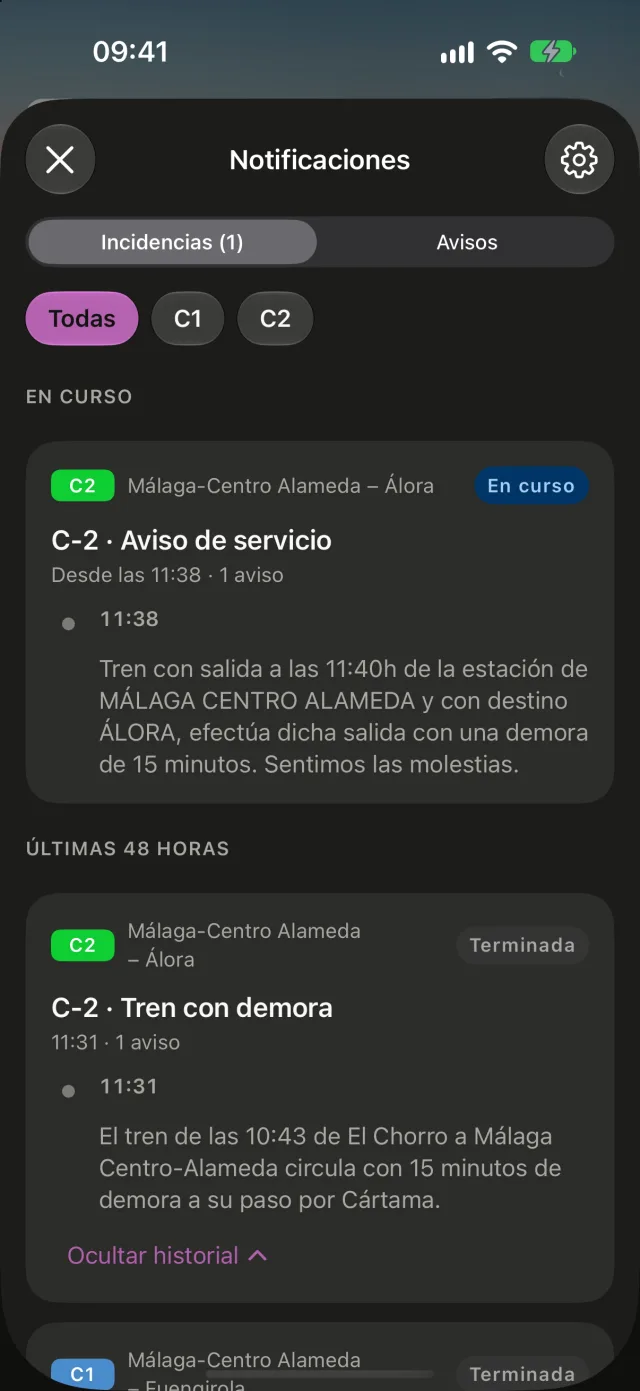Incidencias de Renfe en Rail: una en curso y las de las últimas 48 horas, cada una con su línea, su estado y su historial de avisos.