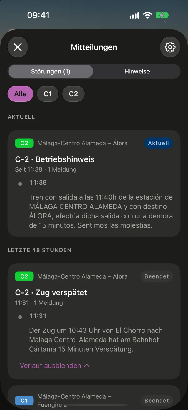 Störungen von Renfe in Rail: eine aktuelle und die der letzten 48 Stunden, jeweils mit Linie, Status und Verlauf der Meldungen.