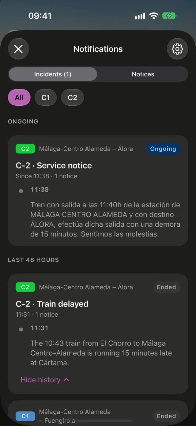 Renfe incidents in Rail: one ongoing and those from the last 48 hours, each with its line, its status and its history of notices.