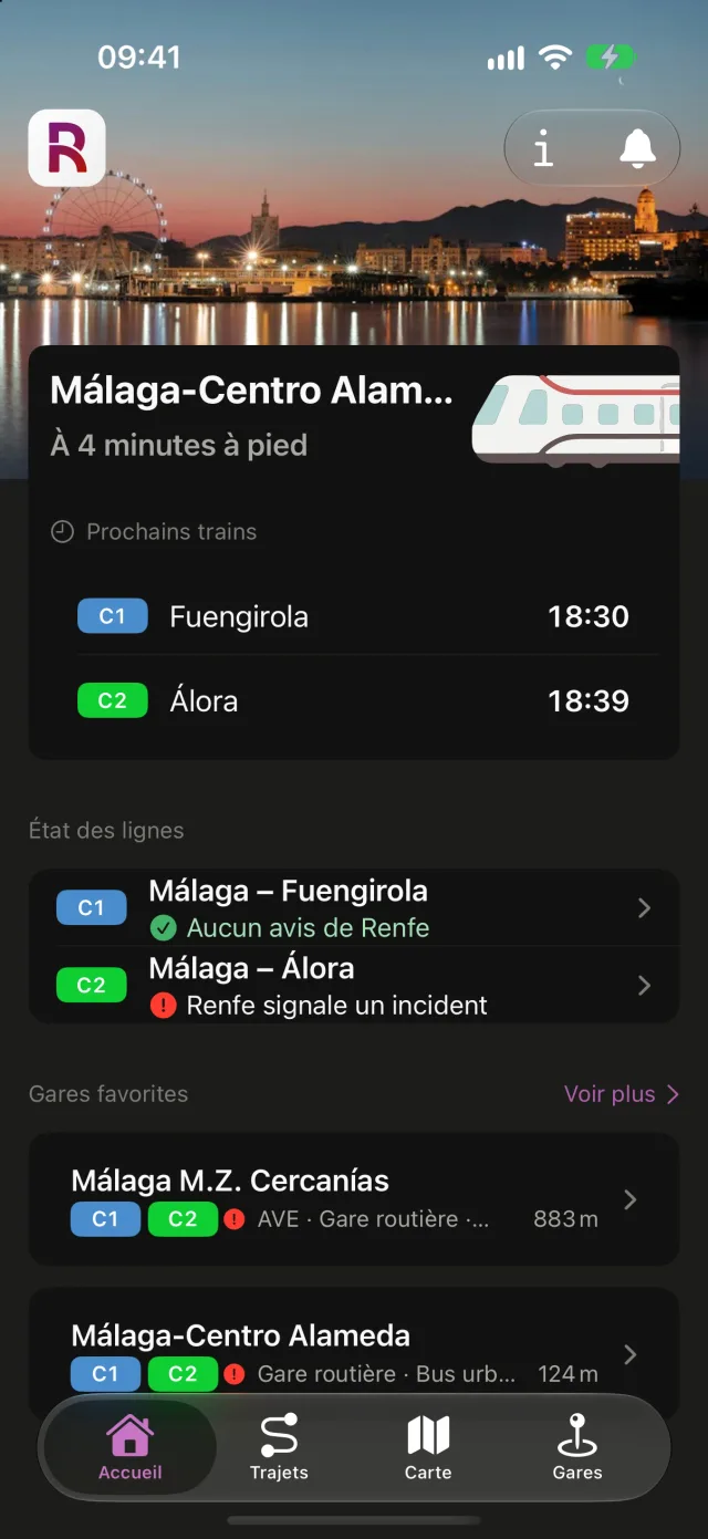 Écran d’accueil de Rail avec les prochains trains de Málaga-Centro Alameda, l’état de chaque ligne et la liste des gares favorites.