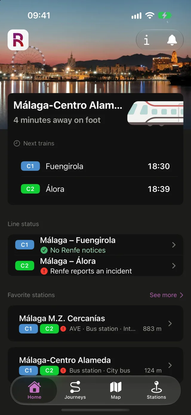 Rail’s Home screen with the next trains from Málaga-Centro Alameda, the status of each line and the list of favorite stations.
