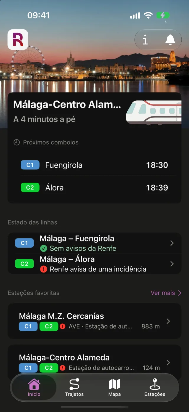 O Rail num iPhone: próximos comboios de Málaga-Centro Alameda, estado das linhas e estações favoritas.