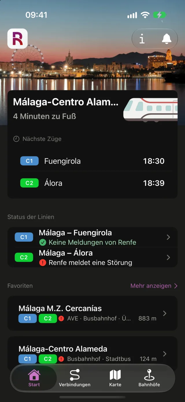 Startbildschirm von Rail mit den nächsten Zügen ab Málaga-Centro Alameda, dem Status jeder Linie und der Liste der Favoriten.