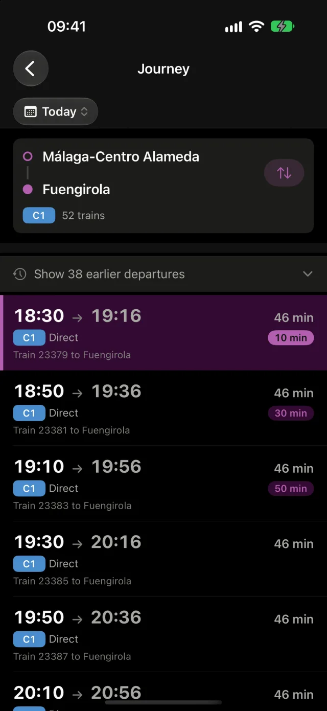 Journey results in Rail, with departure time, arrival time and duration for each train.