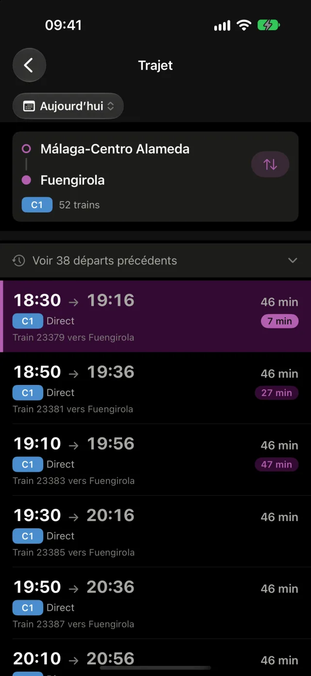 Résultats d’un trajet dans Rail, avec l’heure de départ, l’heure d’arrivée et la durée de chaque train.