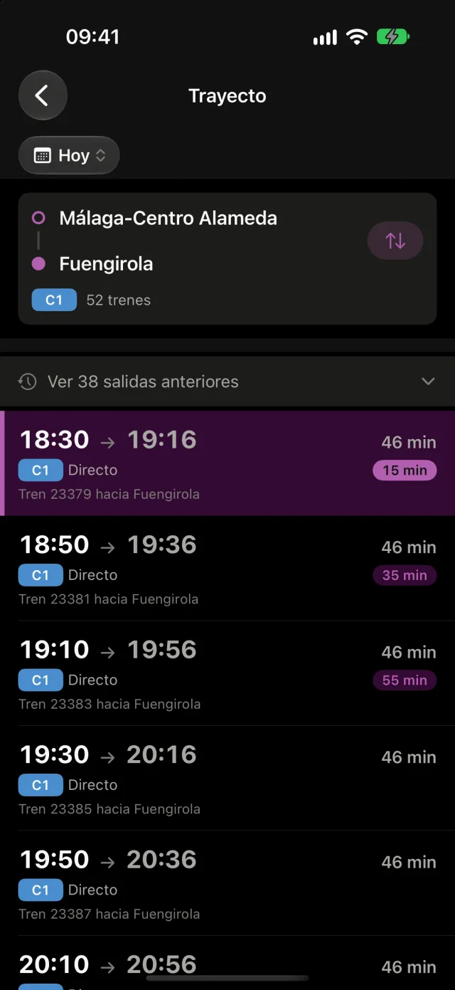 Resultados de un trayecto en Rail, con hora de salida, de llegada y duración de cada tren.