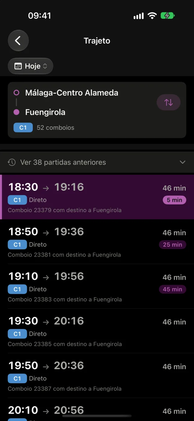 Resultados de um trajeto no Rail, com hora de partida, de chegada e duração de cada comboio.
