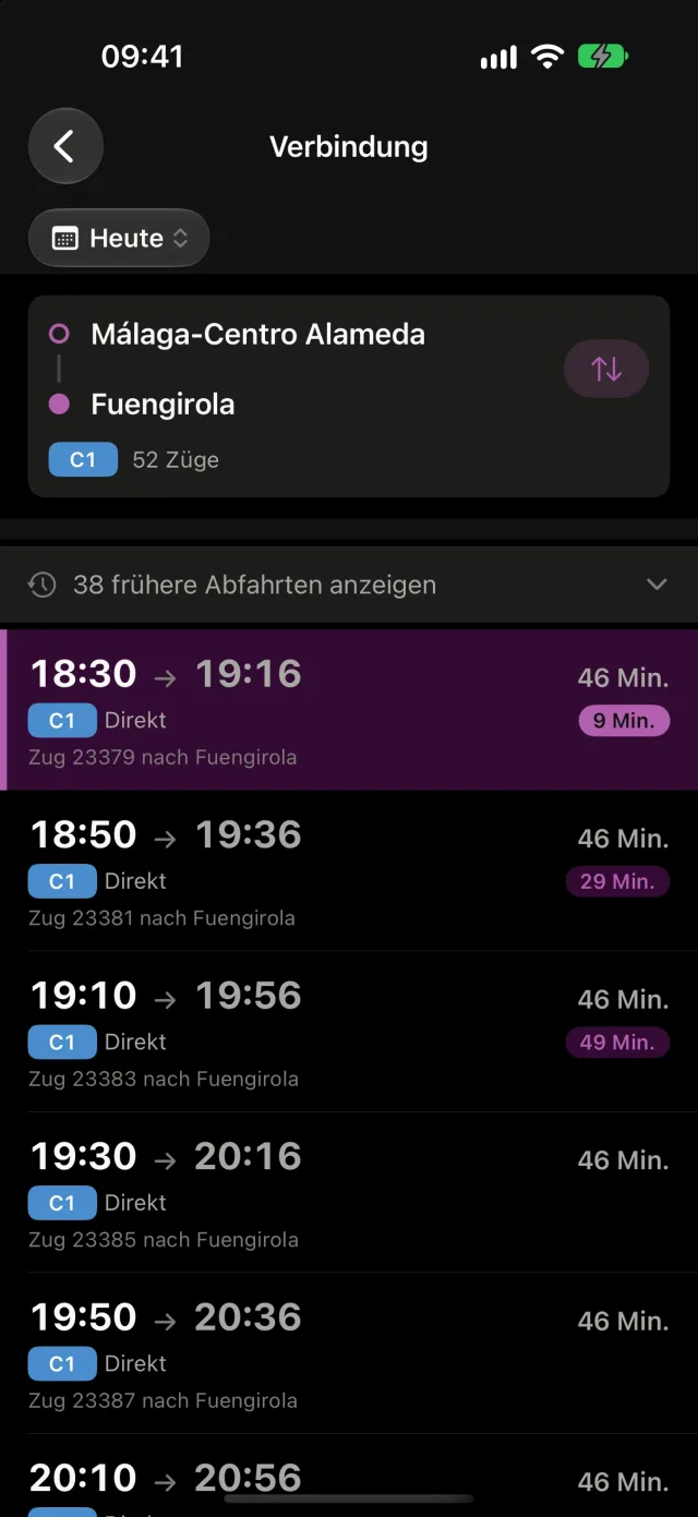 Ergebnisse einer Verbindung in Rail mit Abfahrtszeit, Ankunftszeit und Dauer jedes Zuges.
