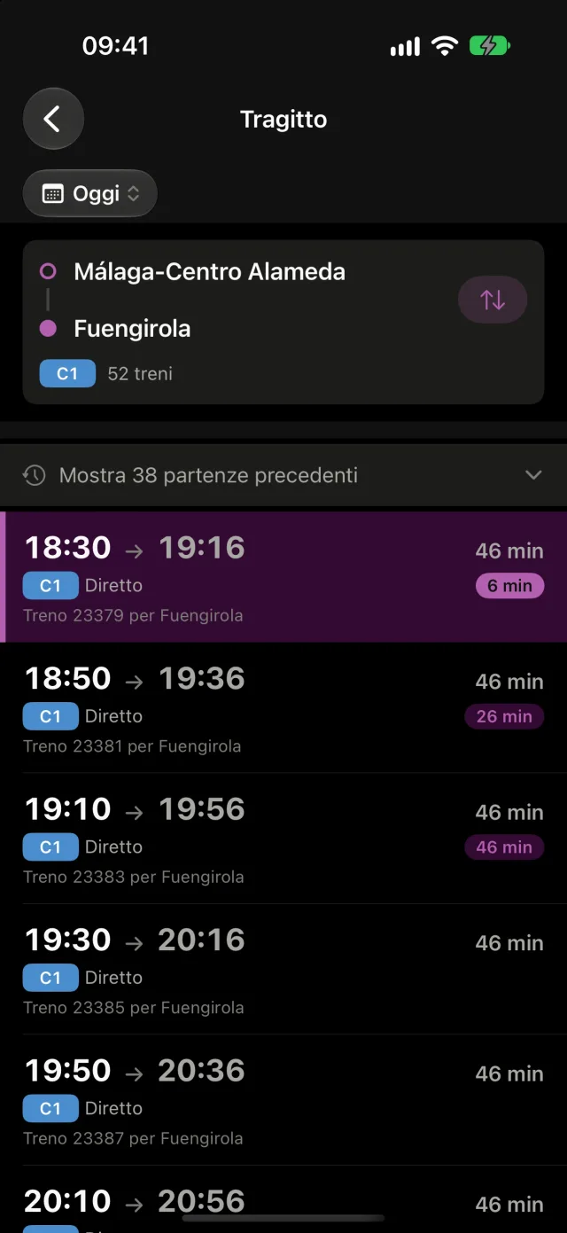 Risultati di un percorso in Rail, con orario di partenza, di arrivo e durata di ogni treno.