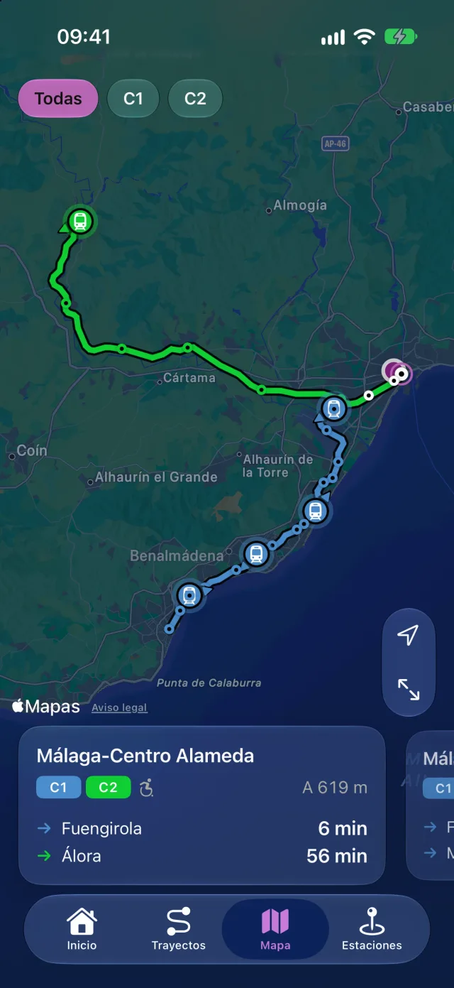 Mapa de Rail con las líneas de Cercanías Málaga, los trenes en circulación y las estaciones cercanas.