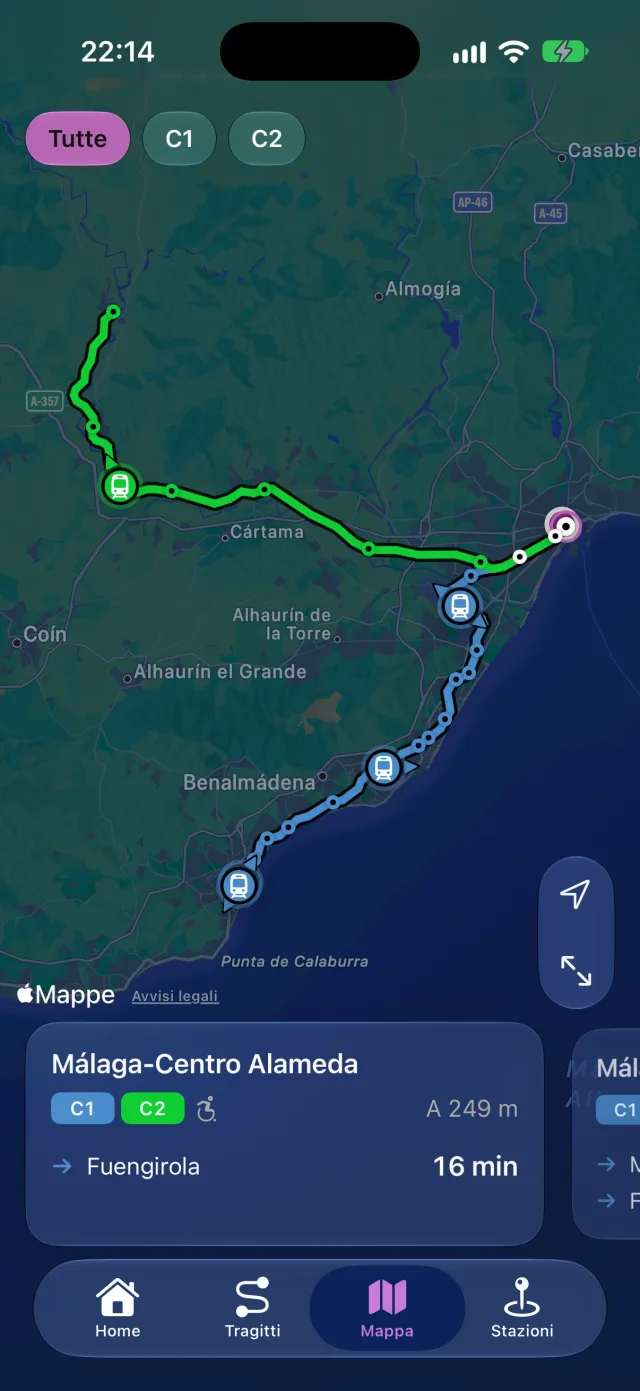 Mappa di Rail con le linee di Cercanías Málaga, i treni in circolazione e le stazioni vicine.
