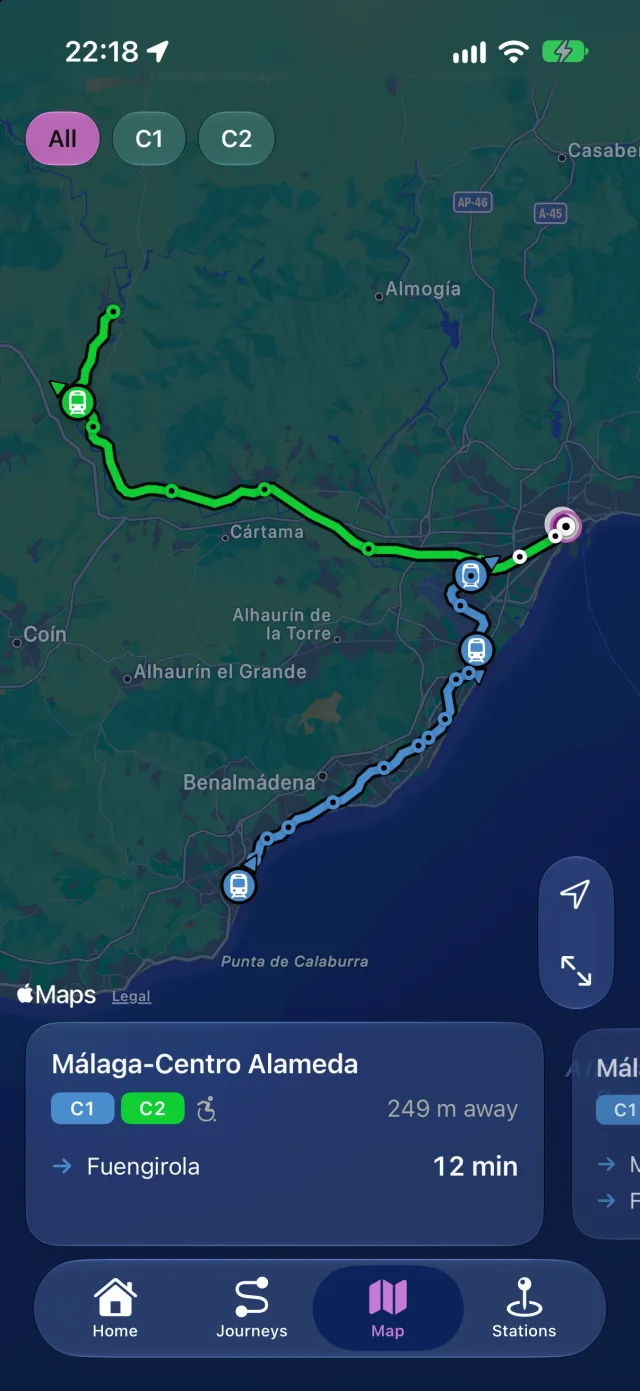 Rail’s map with the Cercanías Málaga lines, the trains in service and nearby stations.