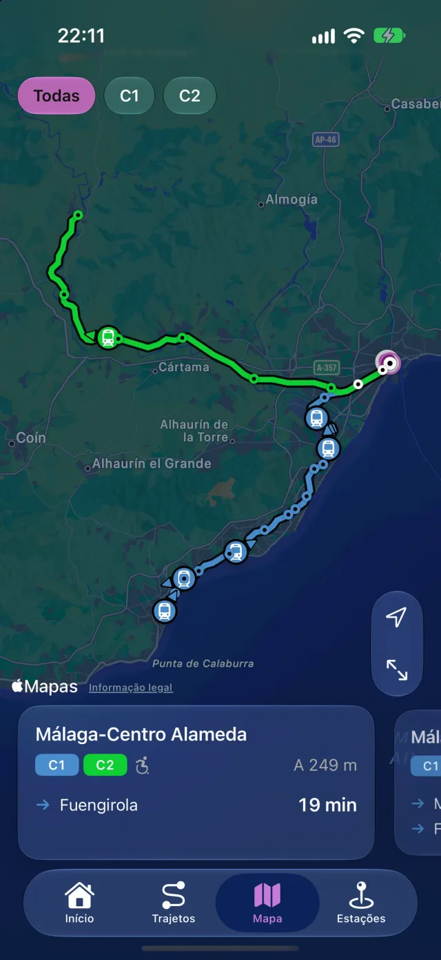 Mapa do Rail com as linhas da Cercanías Málaga, os comboios em circulação e as estações próximas.