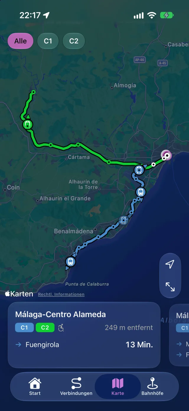 Karte von Rail mit den Linien von Cercanías Málaga, den fahrenden Zügen und den Bahnhöfen in der Nähe.