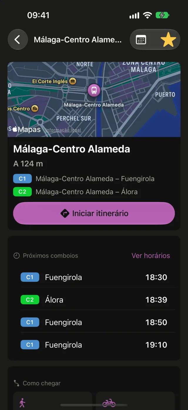 Ficha de uma estação no Rail com mapa, linhas, próximos comboios e botão para iniciar o itinerário.