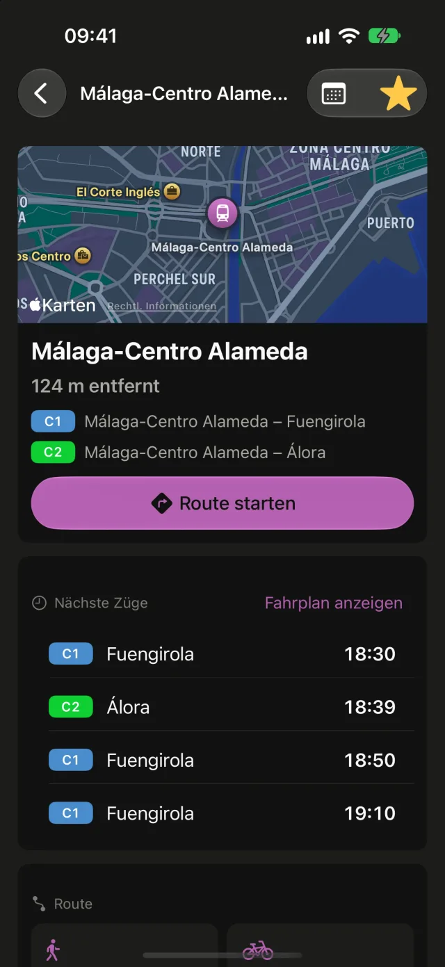 Bahnhofsseite in Rail mit Karte, Linien, nächsten Zügen und Taste zum Starten der Route.
