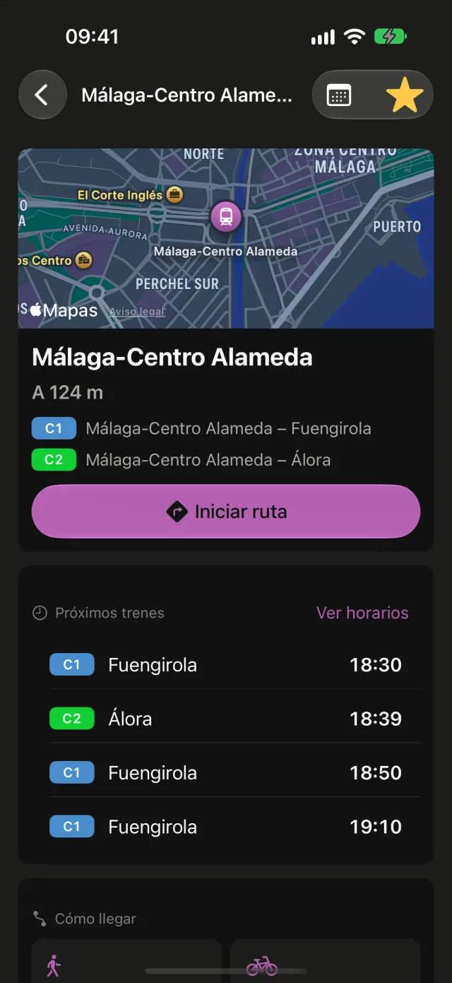 Ficha de una estación en Rail con mapa, líneas, próximos trenes y botón para iniciar la ruta.