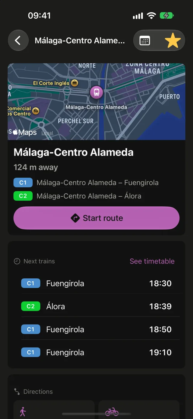 A station page in Rail with a map, lines, next trains and a button to start the route.
