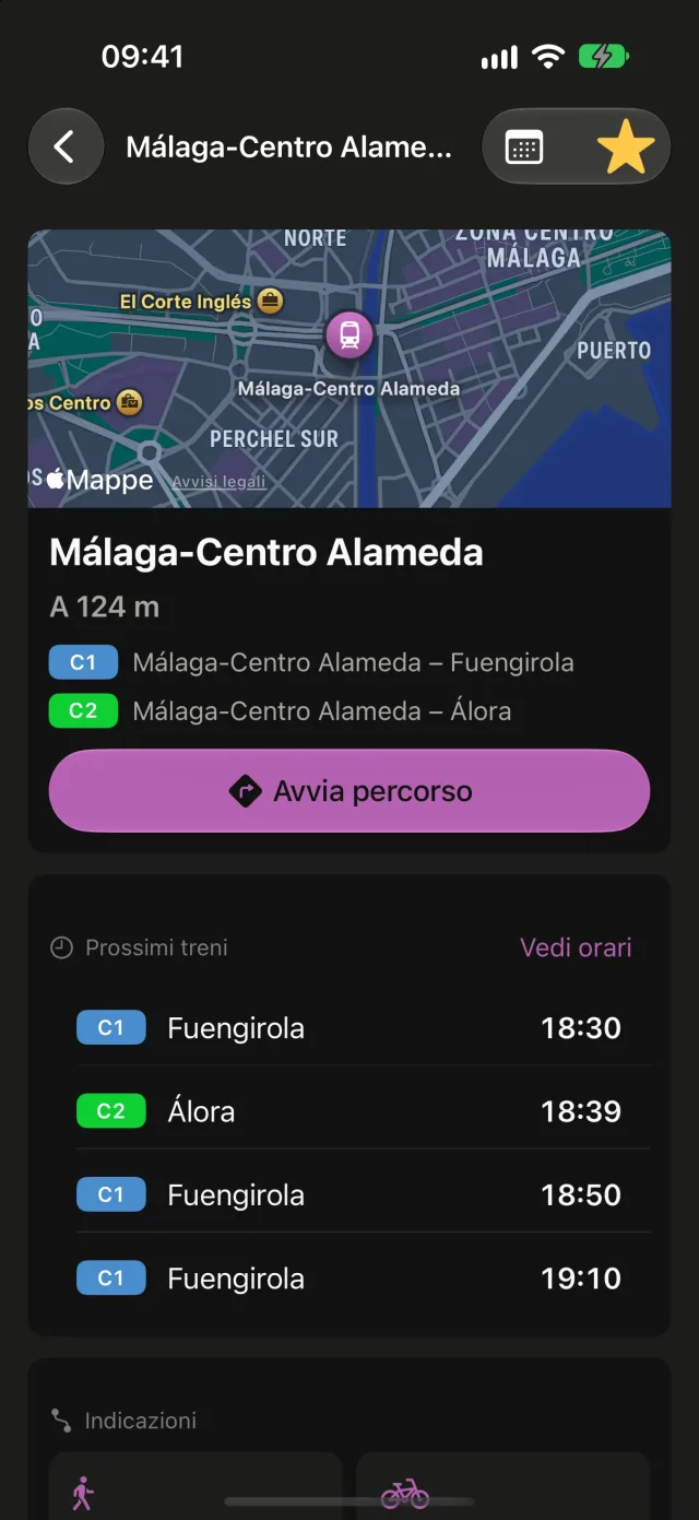 Scheda di una stazione in Rail con mappa, linee, prossimi treni e pulsante per avviare il percorso.